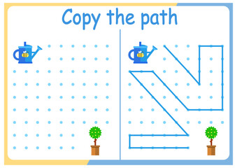 Gardening and gardening activities for children. Copy the path. Logic games for children. Vector illustration. The book is square format. watering can and tree