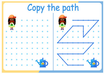 Naklejka premium Gardening and gardening activities for children. Copy the path. Logic games for children. Vector illustration. The book is square format. gardener and watering can