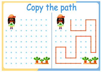 Gardening and gardening activities for children. Copy the path. Logic games for children. Vector illustration. The book is square format. gardener and carrot bed