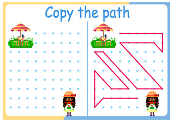 Gardening and gardening activities for children. Copy the path. Logic games for children. Vector illustration. The book is square format. gardener and gazebo