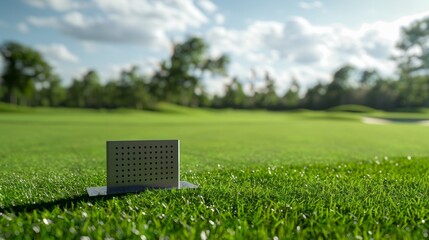 Blank mockup of a small metal plaque on a tee box showing the hole number and par. . - obrazy, fototapety, plakaty