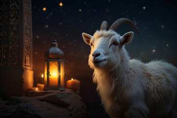 Naklejka premium Eid al adha background with pictures of goat with islamic lantern Eid al adha greeting, goat, Eid, Eid ul adha, background, eid background. ai generated