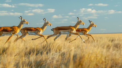 A herd of gazelles leaping gracefully across the open savanna. - obrazy, fototapety, plakaty