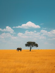 Fototapeta na wymiar A lone elephant walking across the open plains.