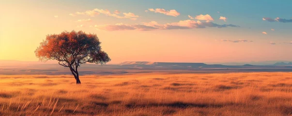 Foto auf Glas Minimalist savanna landscape at sunset, showcasing the vast expanse of the African plains. © taelefoto