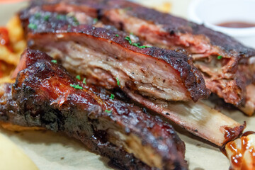 View of the rib barbecue on the plate