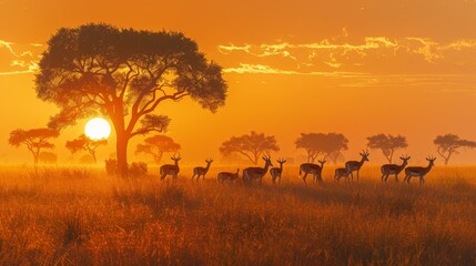 A herd of impalas grazing peacefully in the golden light of dawn on the savanna. - obrazy, fototapety, plakaty