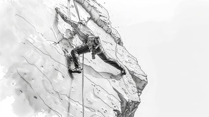 A black and white sketch of a rock climber on a cliff face.