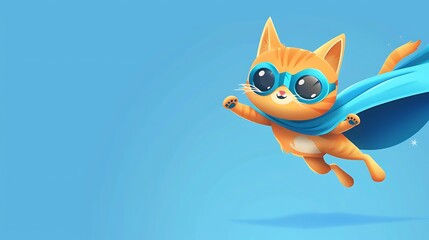 superhero cat, Cute orange tabby kitty with a blue cloak and mask jumping and flying on light blue background with copy space. The concept of a superhero, super cat, leader, funny animal studio