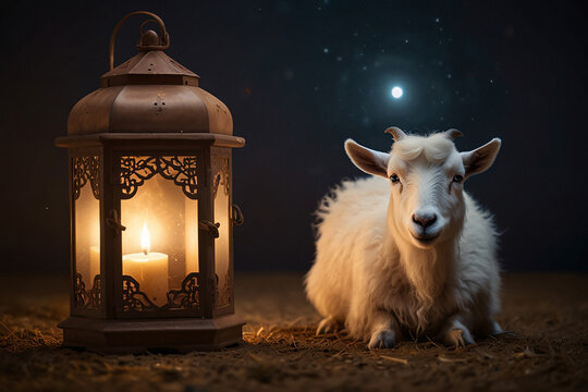 Eid al adha background with pictures of goat with islamic lantern Eid al adha greeting, goat, Eid, Eid ul adha, background, eid background. ai generated