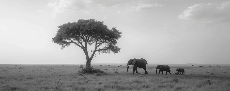 Elephants roaming freely in the minimalist savanna landscape.