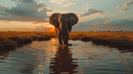 A majestic African elephant drinking from a watering hole in the minimalist savanna. - obrazy, fototapety, plakaty