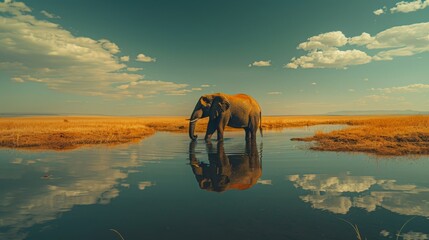 A majestic African elephant drinking from a watering hole in the minimalist savanna. - obrazy, fototapety, plakaty