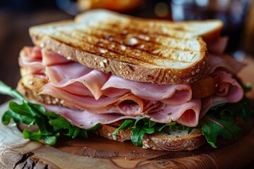 Delicious ham sandwich on freshly baked sourdough bread for sale in food stock photo