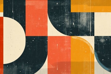 Abstract colorful geometric composition with circles, lines and rectangles in retro style