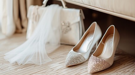 shoes of the bride with shiny pebbles stand next to a white clutch
