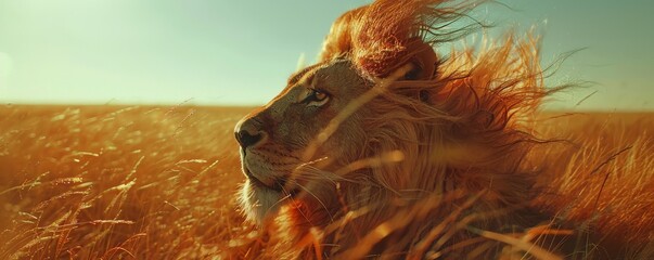 A close-up shot of a lion's mane blowing in the wind on the savanna. - obrazy, fototapety, plakaty