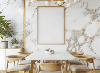 A pristine dining space boasting a large marble wall with a wooden dining set and a blank picture frame