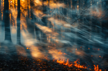 a fire in the forest with a blurring of the side