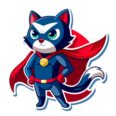 Cat dressed as a superhero, with a cape billowing in the wind and a determined expression on its face