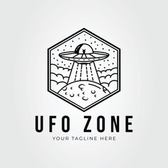 Flying UFO on the space zone line art logo vector illustration design
