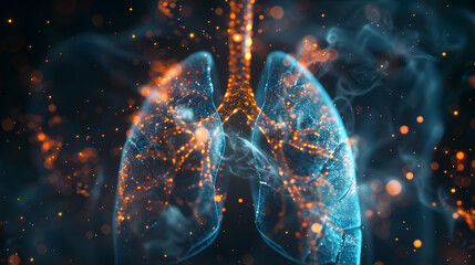 The visually captivating digital artwork features human lungs in a cosmic background with golden particles - obrazy, fototapety, plakaty