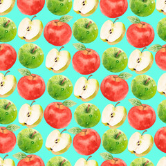Red and green apples pattern, summer fruit texture, covered with dew drops, seamless background, elements drawn by hand, for printing on fabric, paper, textile, seasonal displays, notebook covers.