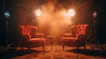 Highcontrast image of a cozy podcast setup with two vintage chairs and spotlights, casting soft...