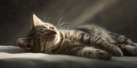 A tabby cat enjoys a peaceful nap bathed in a sliver of warm sunlight, exuding comfort and contentment - obrazy, fototapety, plakaty
