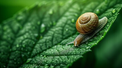Macro shot of a snails delicate journey across the rugged terrain of a green leaf, highlighting the contrast in textures
