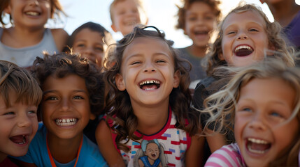A contagious laughter fills the air as children play together under the sunshine, celebrating life and friendship - obrazy, fototapety, plakaty