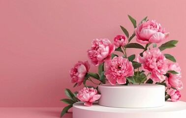 Cosmetic background for spa treatments on a light background. Light atmosphere, peonies, stone for products. Beauty and health concept. Quiet luxury.