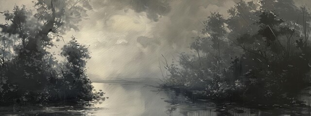 Misty River Through a Monochromatic Forest Painting
