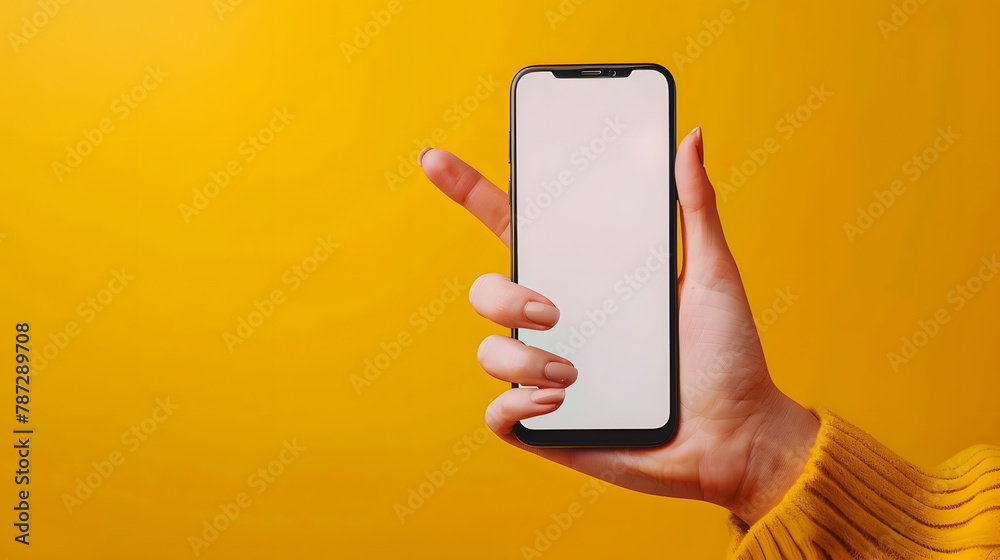Poster Office woman finger point at smartphone holding device in hand on yellow background Mock up copy space screen Concept of mobile app and business network : Generative AI