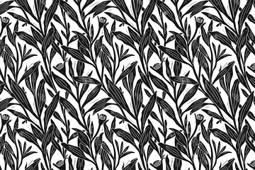 Fototapeta premium Toile pattern tapestry. Linocut print. Monochrome botanical pattern background. Created with Generative AI technology.