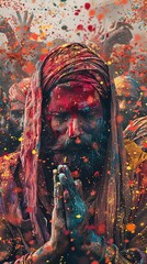 A photorealistic depiction of a celebrant at a Holi festival from a wide-angle perspective Craft a scene where the subjects face is vividly smeared with red, surrounded by a sea of vibrant colo