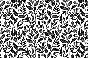 Toile pattern tapestry. Linocut print. Monochrome botanical pattern background. Created with Generative AI technology.