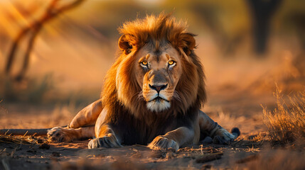 A lion lies alert in the savannah, capturing the essence of wilderness against a backdrop of a dramatic sunset sky