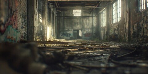 The image captures the abandonment and decay of an urban factory with graffiti-covered walls - obrazy, fototapety, plakaty