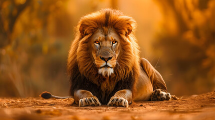 A serene lion lies down surrounded by the warm colors of the savanna, catching the viewer's eye with its piercing gaze