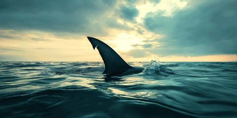 A solitary shark fin cuts through the water's surface against the backdrop of a golden sunset, evoking primal fear and awe
