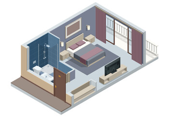 Isometric Modern Bedroom Suite in Hotel. Hotel Checking in and Having Rest in Their Rooms. Enjoy the Holiday and Vacation. Mobile Application, Hotel Booking Online on Website.