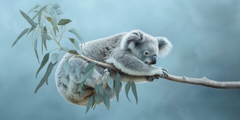 Serene and adorable koala taking a nap on a eucalyptus branch, captured in a tranquil forest setting - obrazy, fototapety, plakaty