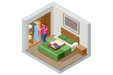Isometric Modern Bedroom Suite in Hotel. Hotel Checking in and Having Rest in Their Rooms. Enjoy the Holiday and Vacation. Mobile Application, Hotel Booking Online on Website.
