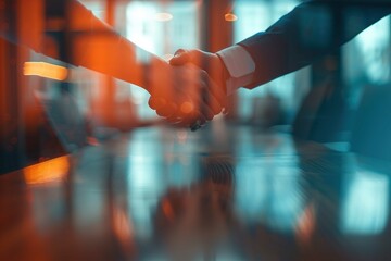 Business handshake over the table in office, blurred background with copy space for text stock photo contest winner