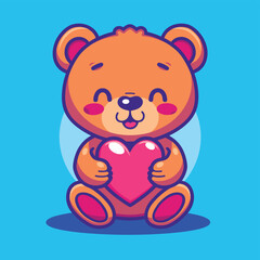 Cute teddy bear hugging red heart cartoon illustration vector artwork