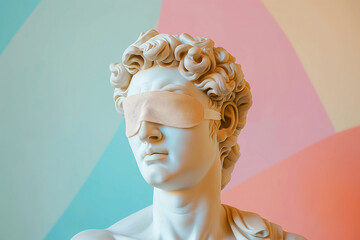 Statue of a Greek god with sleeping mask on eyes. World Sleep Day concept. Rest and relax, daydreaming, healthy sleep, lazy day off concept. Wearing sleeping mask, sleep bandage.