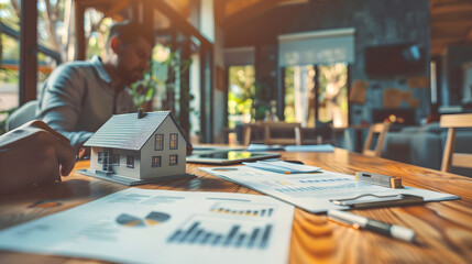 The image showcases a model house with documents, a pen, and reading glasses on a wooden table indicating financial planning or consultation - obrazy, fototapety, plakaty