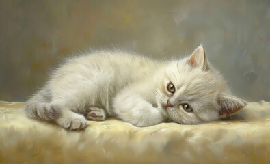 Kitten Exotic Shorthair lies on a gray green background, detailed realism image. Close up cute baby cat. Greeting card, banner, poster. With free place for text. Veterinary clinic,  pet shop.