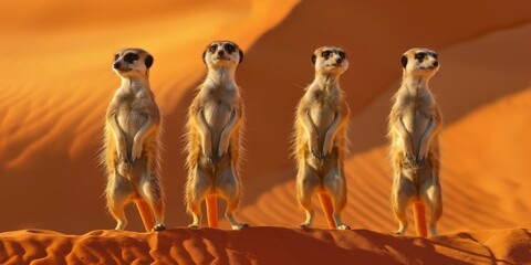 A group of meerkat sentinels stand watch on a sandy dune, evoking themes of community and vigilance in the animal world - obrazy, fototapety, plakaty